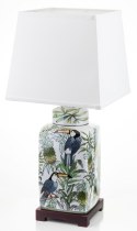 Lampa ceramiczna pękata z tukanami biała BIRDIE 2