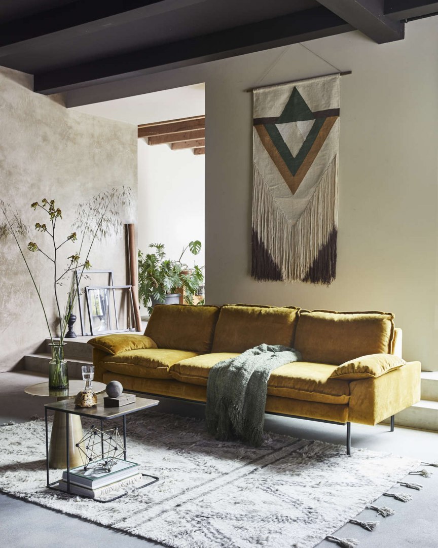 Sofa Retro 4-osobowa aksamitna w kolorze brunatno-żółtym