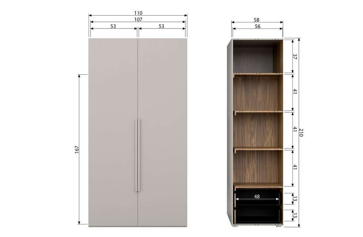 Szafa 2-drzwiowa drewniana półki i drążek RENS szara