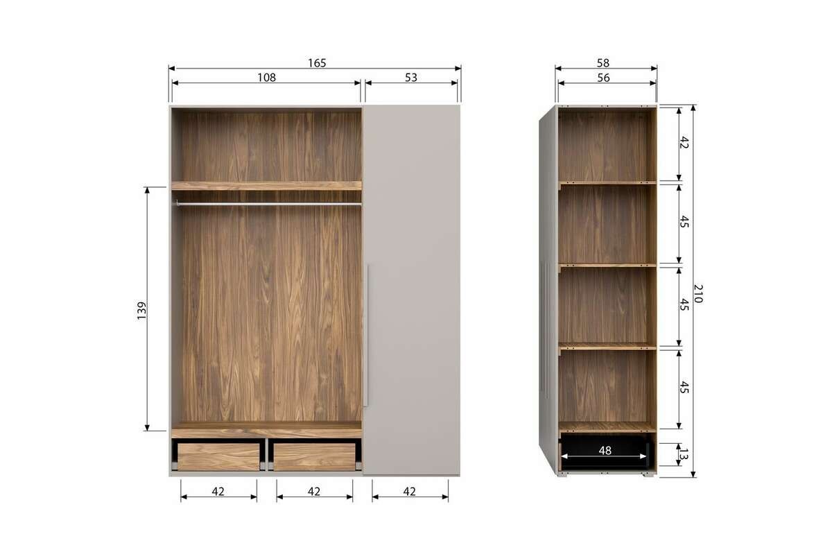 Szafa 3-drzwiowa drewniana wiszaki i półki RENS szara