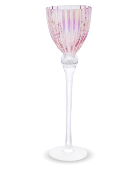 Świecznik szklany na nóżce różowy L