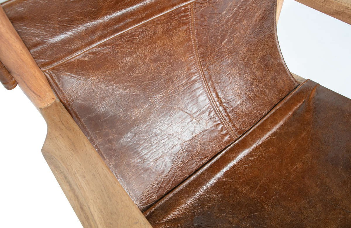 Fotel drewniany skórzany CHILL brązowy